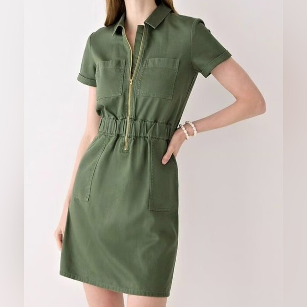 J. Crew Women's Utility Green Short Sleeve Zip-Front Chino Dress, size 10, EUC